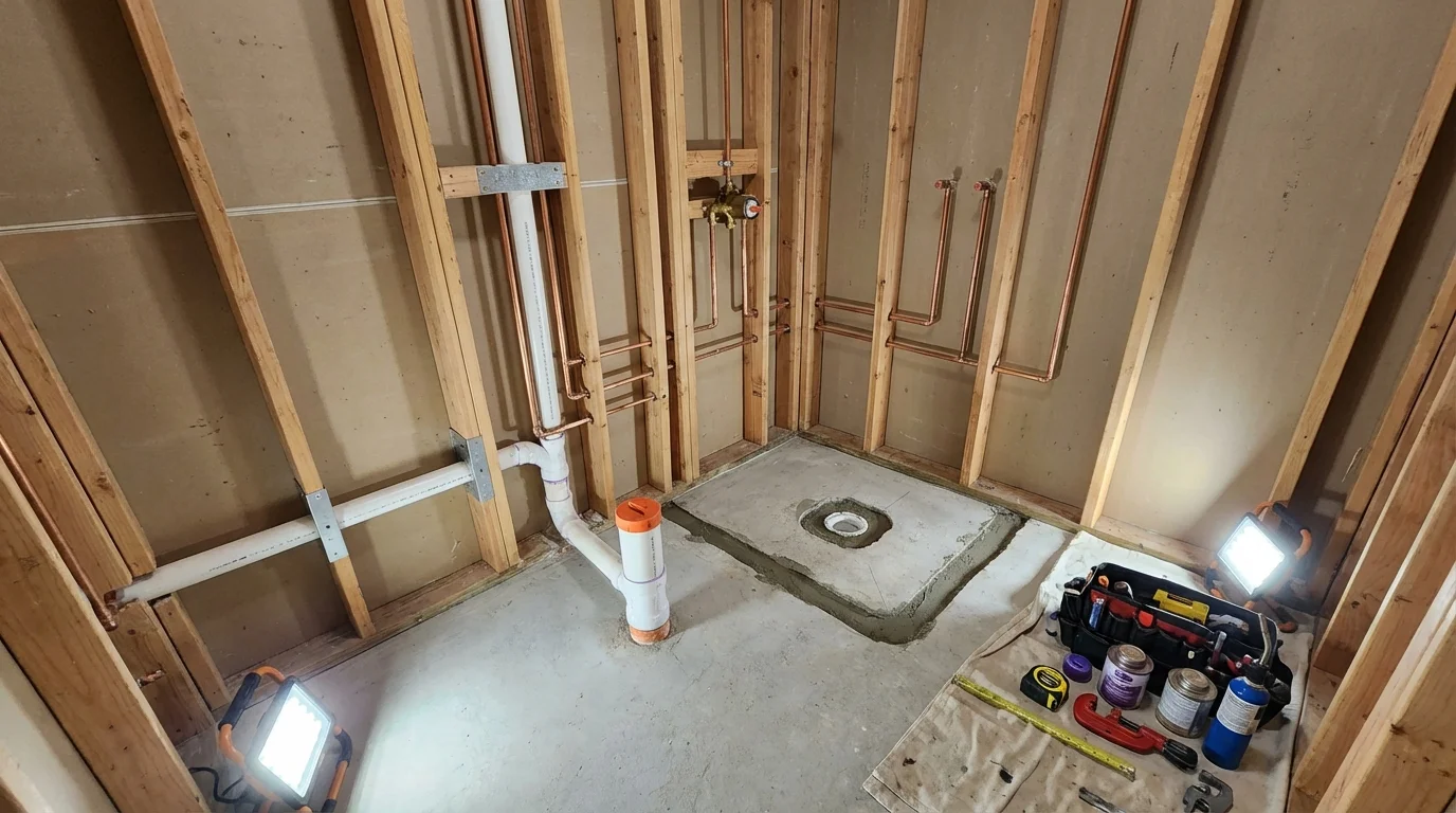 Bathroom rough-in plumbing during remodel by Johns Plumbing LLC in Mattawan