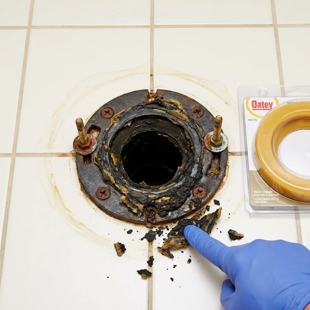 Failed wax ring showing water seepage at the base of a toilet in a Mattawan, MI home