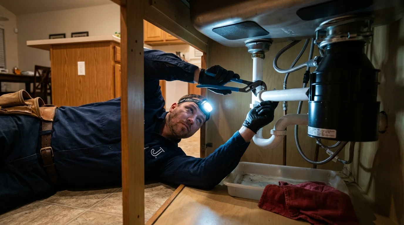 P-trap and supply line connections under a kitchen sink showing a common leak point in Mattawan, MI